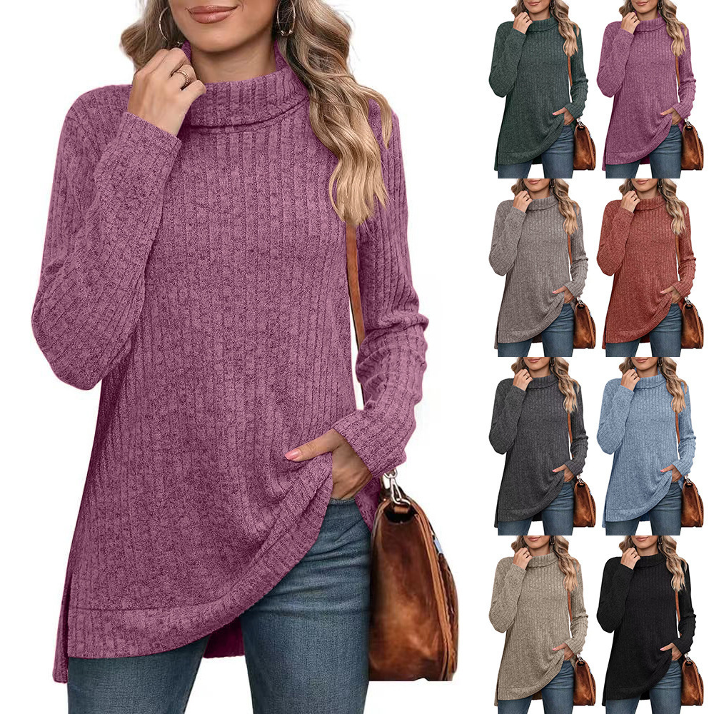 Women's Solid High Neck Slit Ribbed Loose Long Sleeve Top