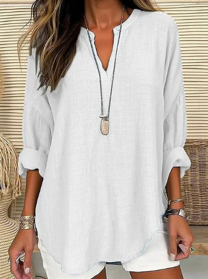 Women's Solid Print V-Neck Long Sleeve T-Shirt