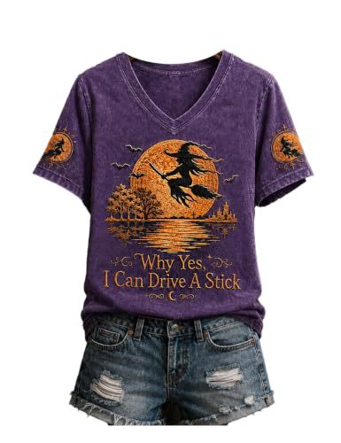 Halloween Evil Witch Print V-Neck Short Sleeve Women's T-Shirt