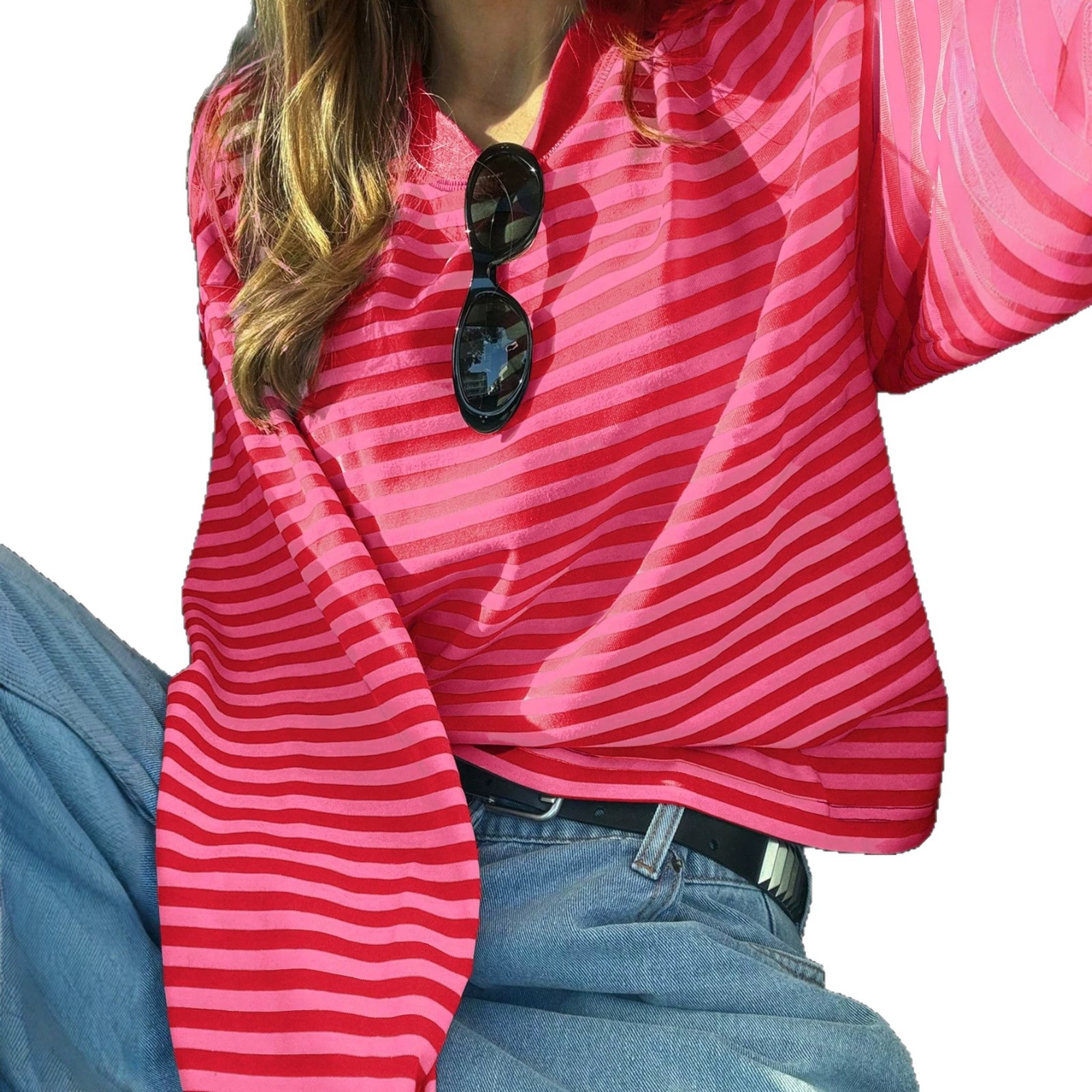 Women's Colorblock Striped Long Sleeve Crew Neck Loose Top