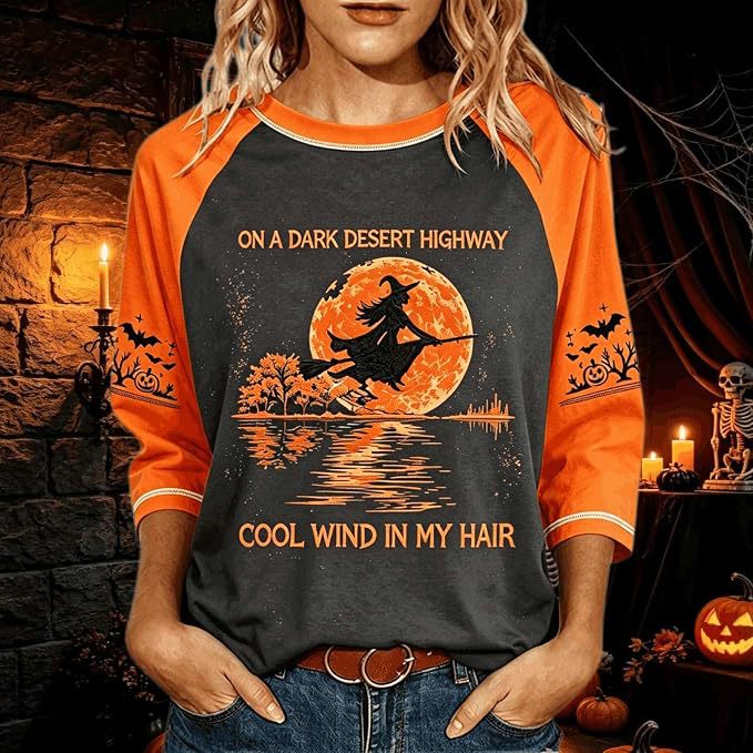 Women's Witch on Flying Broom Halloween Print Crewneck Top