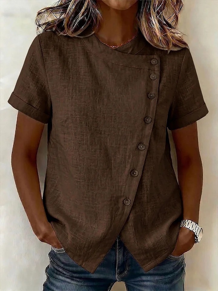 Stand Collar Asymmetric Button Cotton Linen Short Sleeve Shirt with Irregular Hem