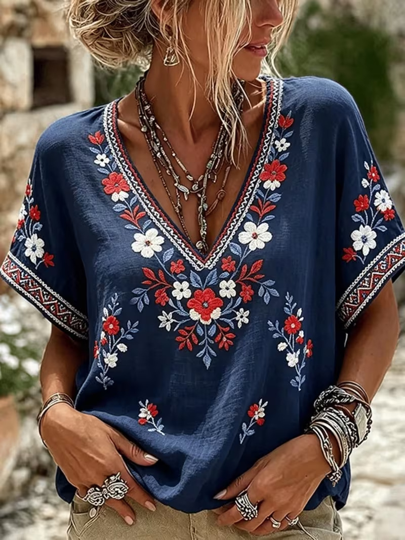 Floral Print V-Neck Short Sleeve Women's T-Shirt