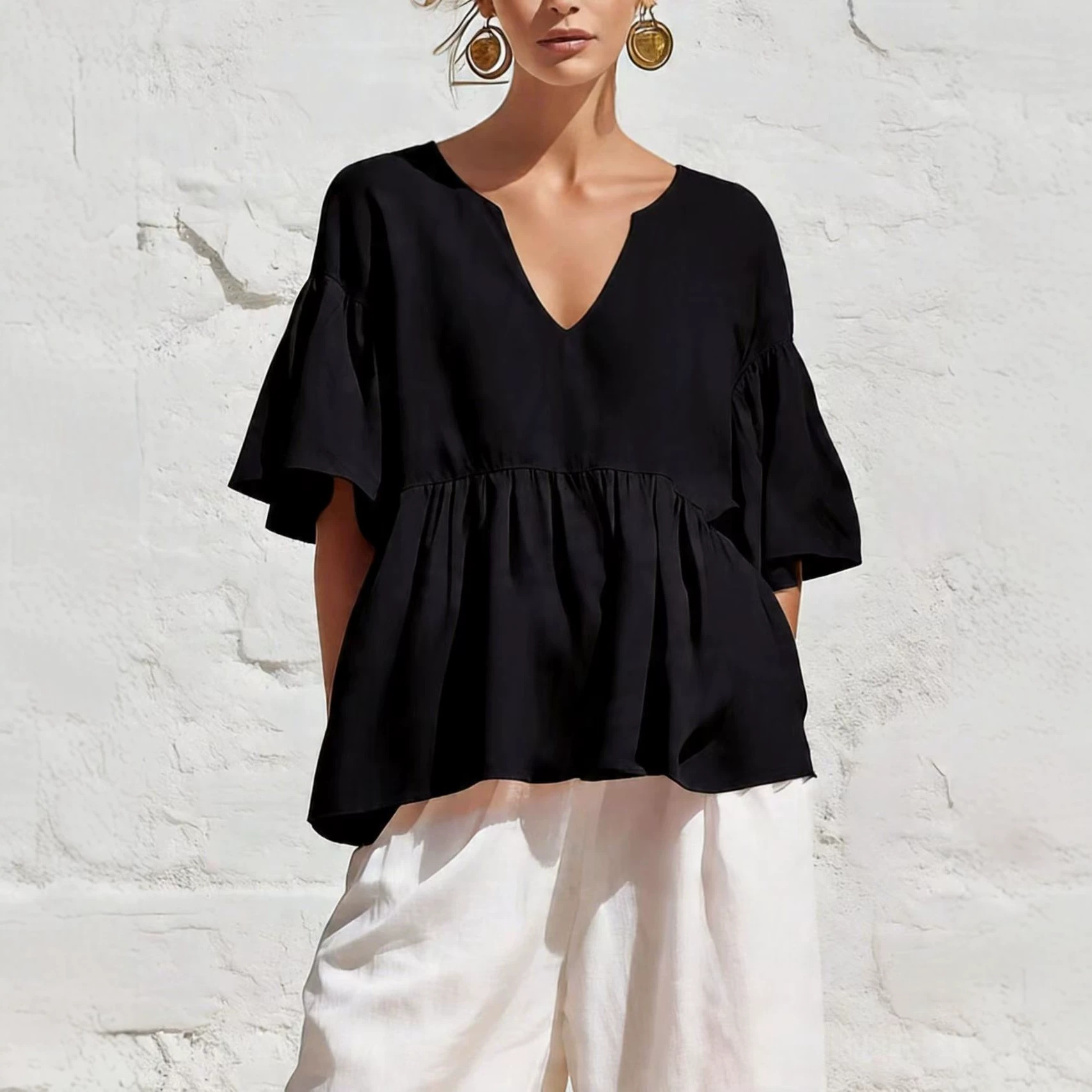 Women's Solid V-Neck Ruffle Sleeve Loose Knit Top