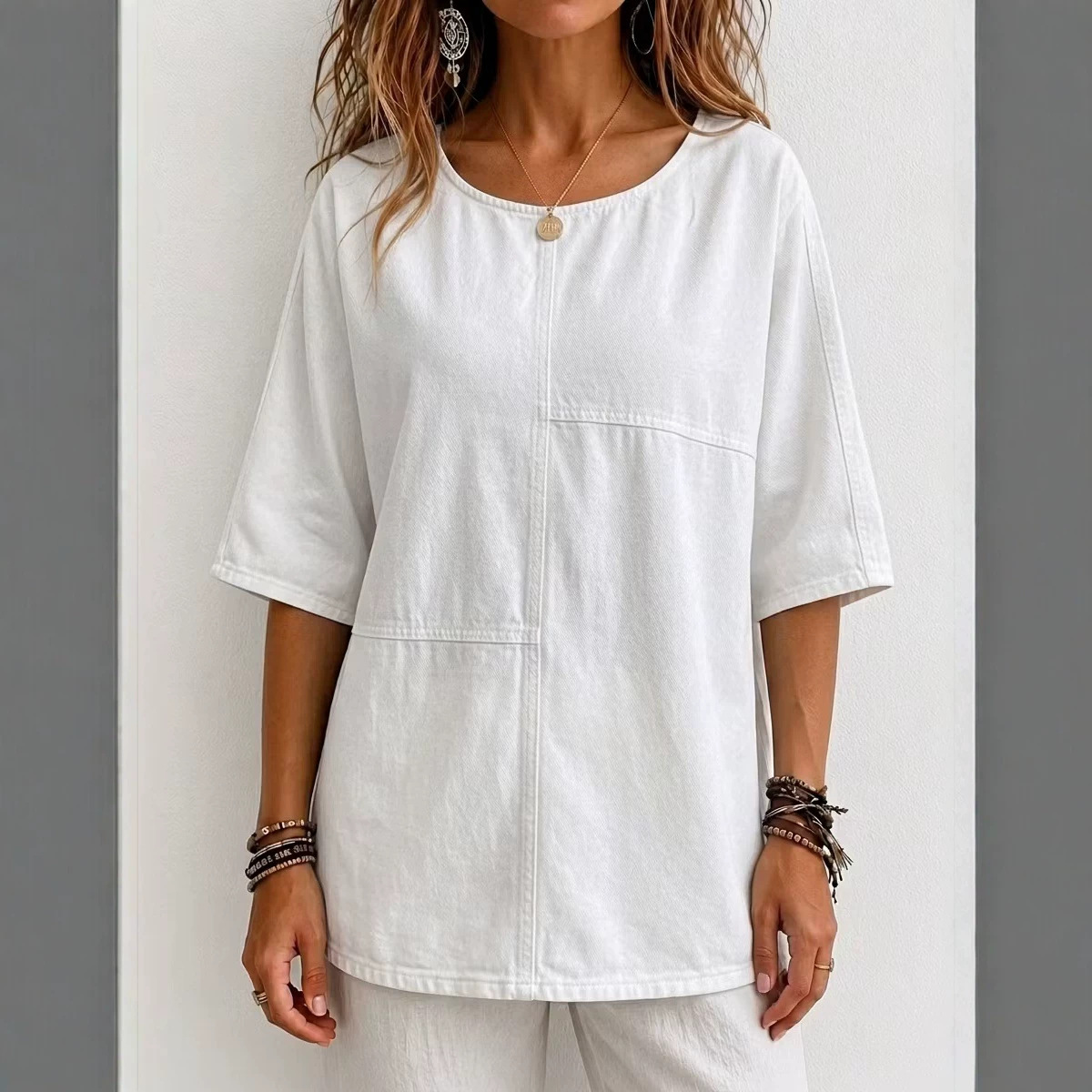 Women's Mid-Sleeve Patchwork Denim Top Casual T-Shirt
