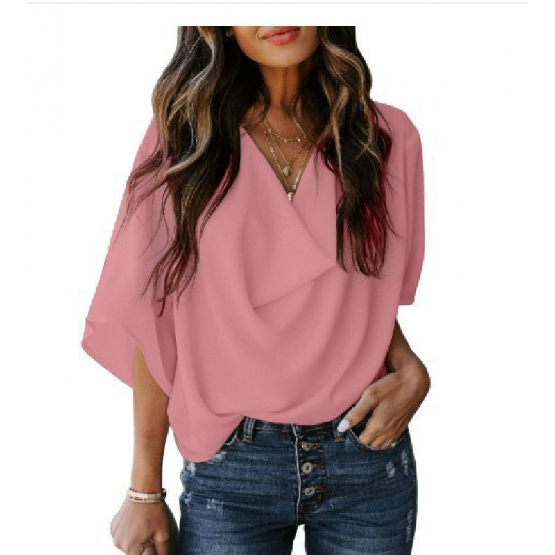 Women's Summer Chiffon V-Neck Loose Short Sleeve Top