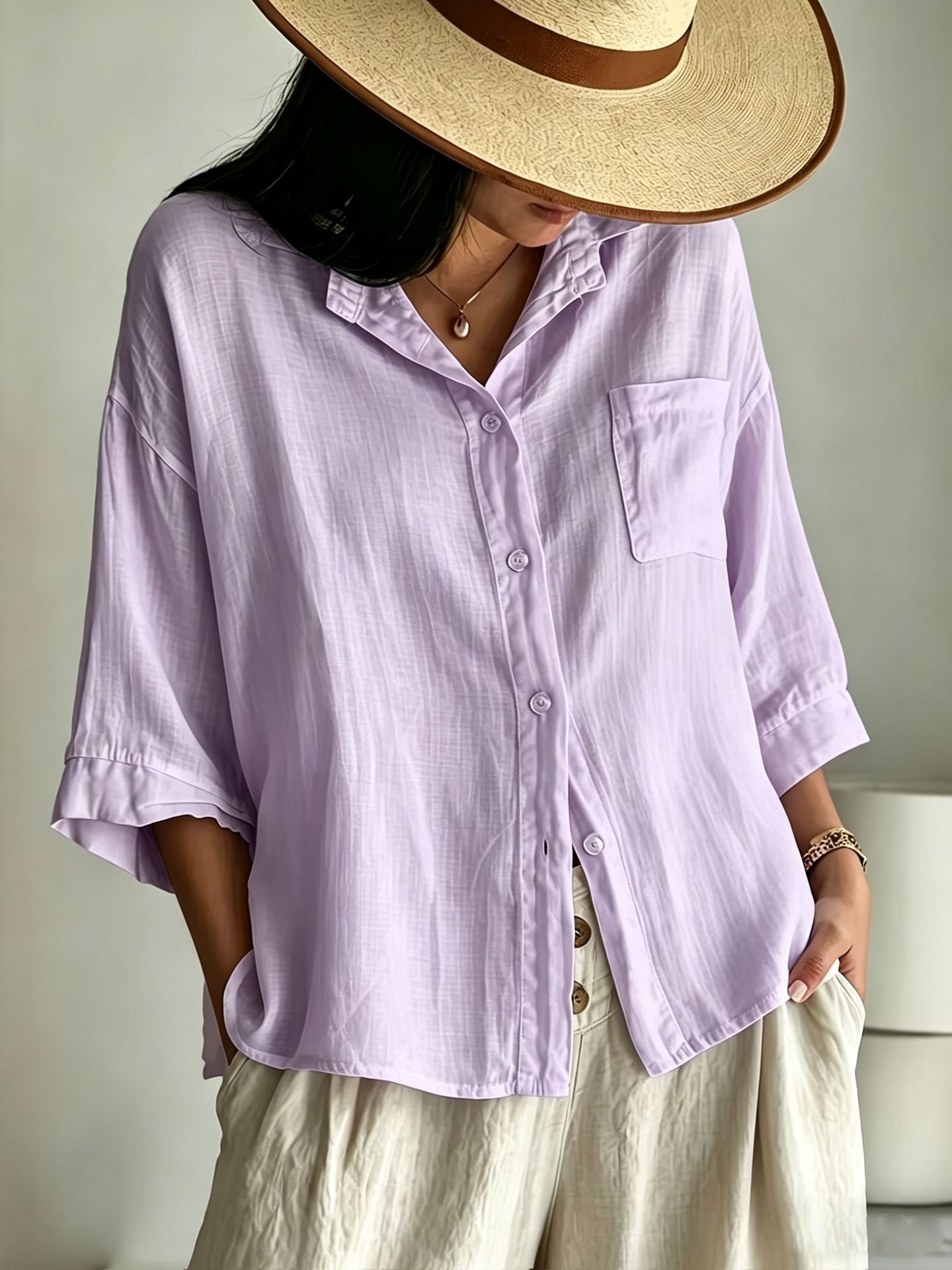 Textured Cotton-Linen Button-Front Shirt with Collar, Chest Pocket, Drop Shoulder, 3/4 Sleeve, Loose Fit