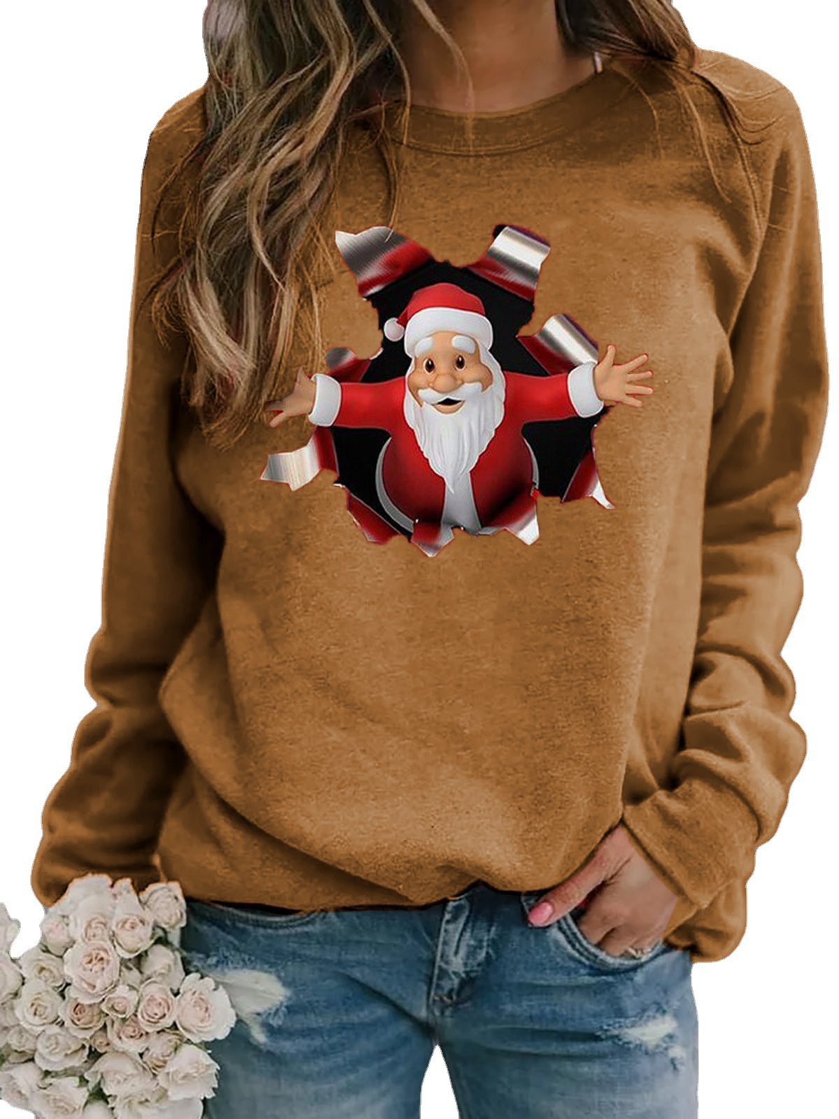 Santa Print Long-Sleeve Crewneck Brushed T-Shirt for Women