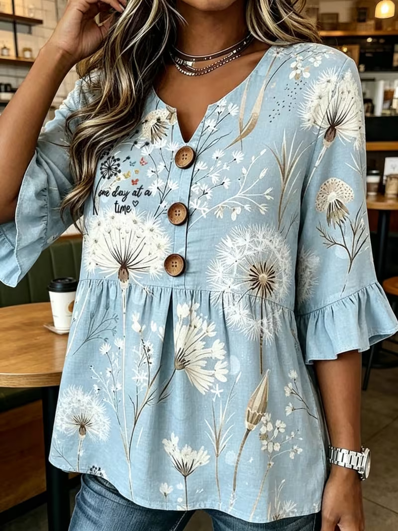 Women's Summer Floral Print Rolled Sleeve Button Top