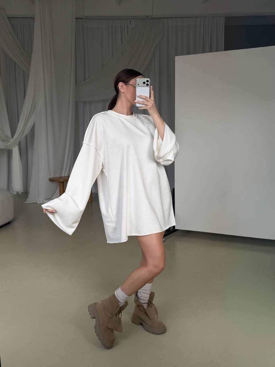 Women's Oversized Midi Sweatshirt Dress Long Sleeve Crew Neck Solid Color