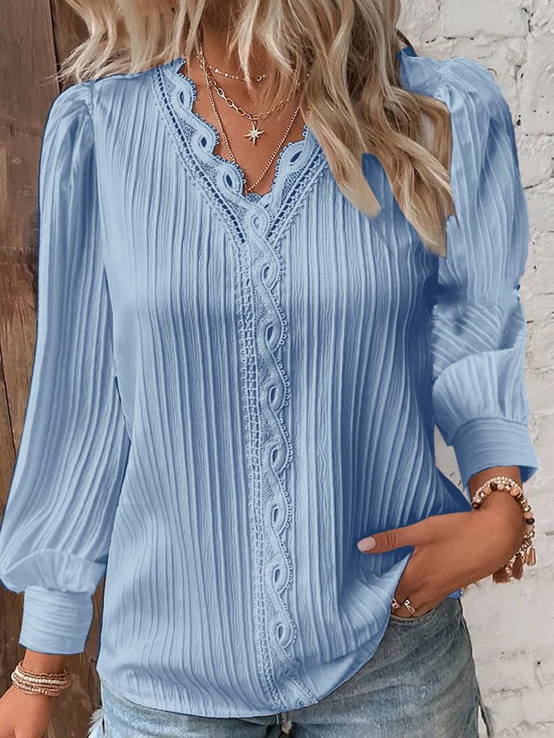 Women's Long Sleeve V-Neck Lace Trim Blouse