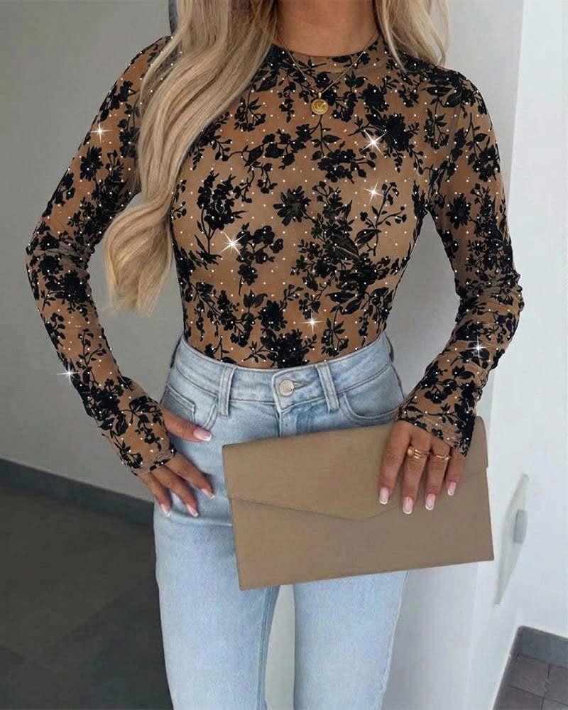Rhinestone Flocked Floral Sheer Mesh Top with Thumbholes