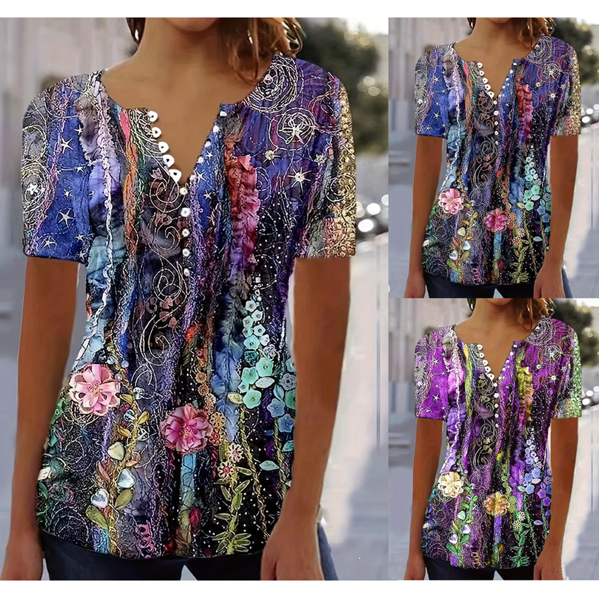 Floral Print V-Neck Button Short-Sleeve T-Shirt