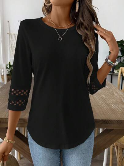 Women's Solid Crewneck Lace Trim Half-Sleeve Casual T-Shirt