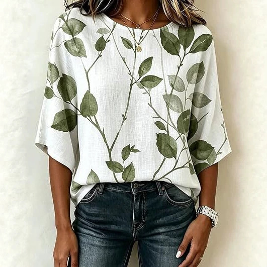 Floral Leaf Print Half-Sleeve Women's Top Retro Fashion Blouse