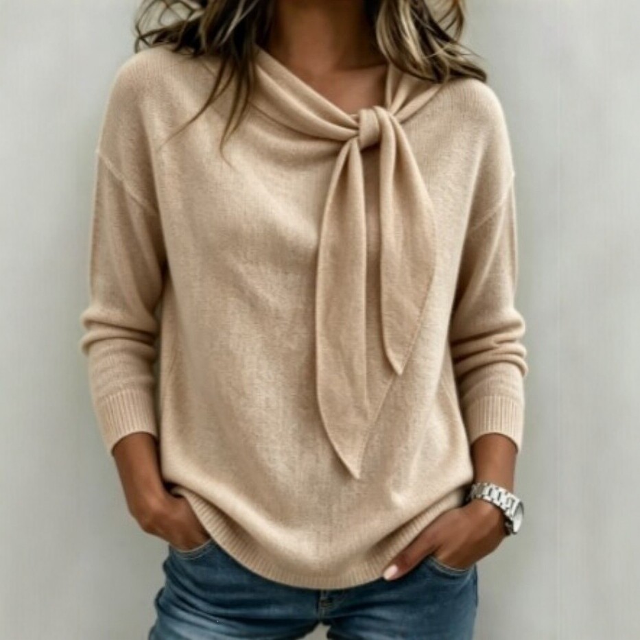 Women's Bow-Tie Neck Knit Long-Sleeve Top Solid Color Loose Casual Tee