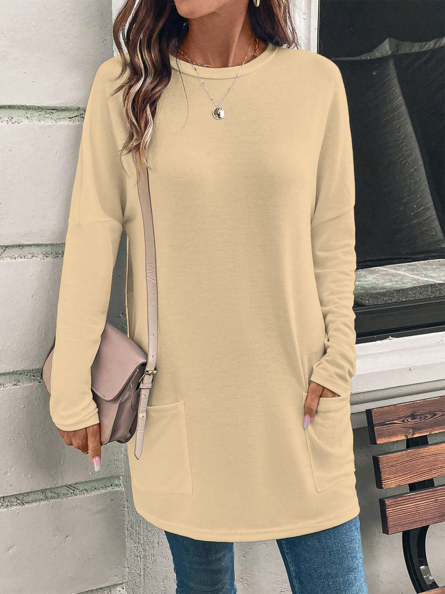 Women's Solid Color Long Sleeve Loose Crewneck Pocket T-Shirt