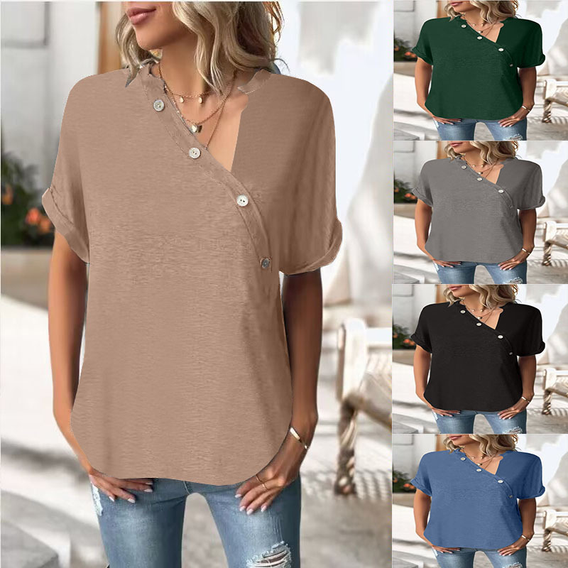 Women's Solid Twist Button Short Sleeve V-Neck Top