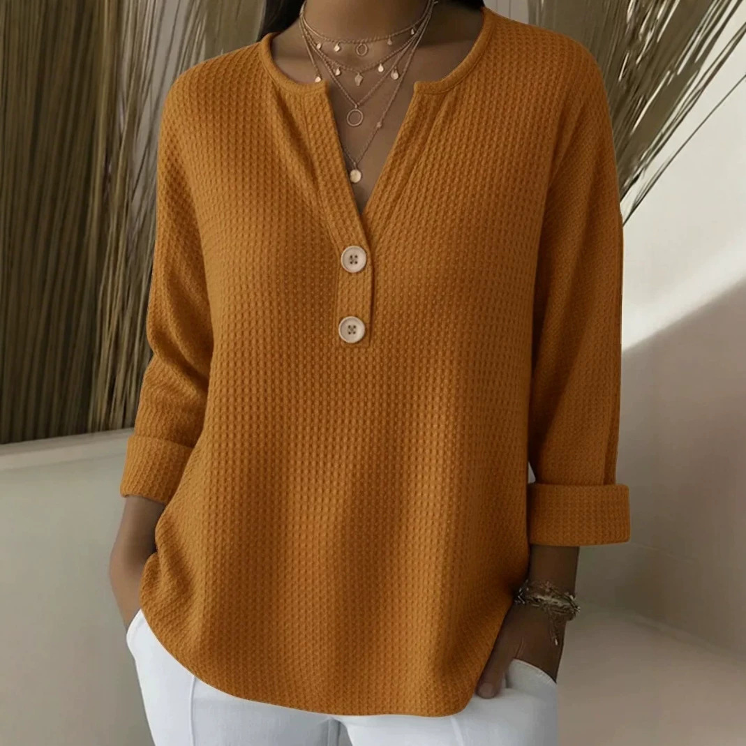Women's V-Neck Waffle Knit Long Sleeve Pullover Sweater Solid Casual Top