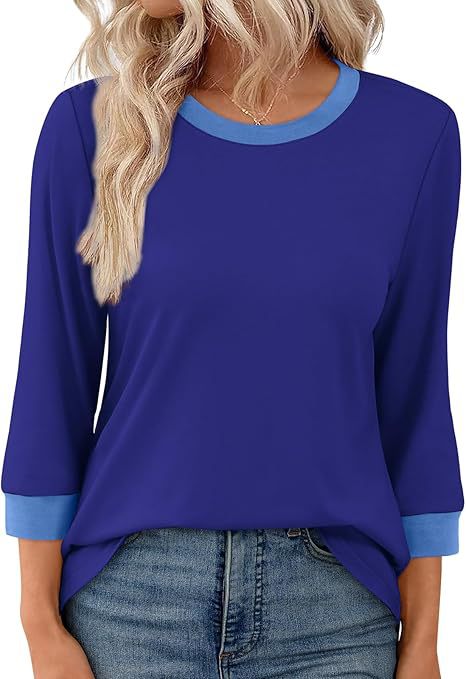 Women's 3/4 Sleeve Colorblock T-Shirt Crew Neck Fitted Top