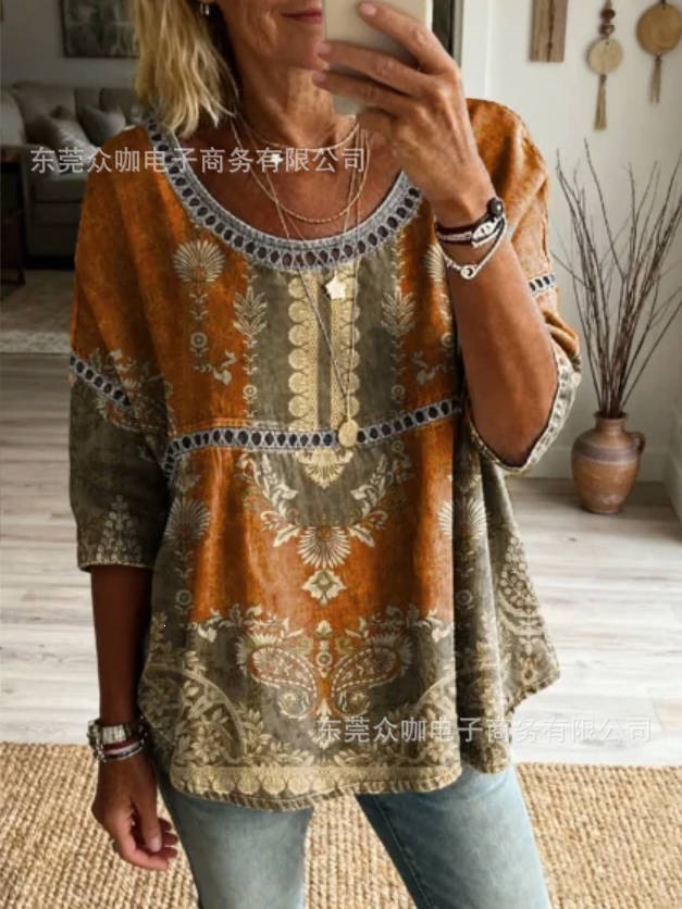 3D Floral Print Crewneck Half-Sleeve Ruched Top
