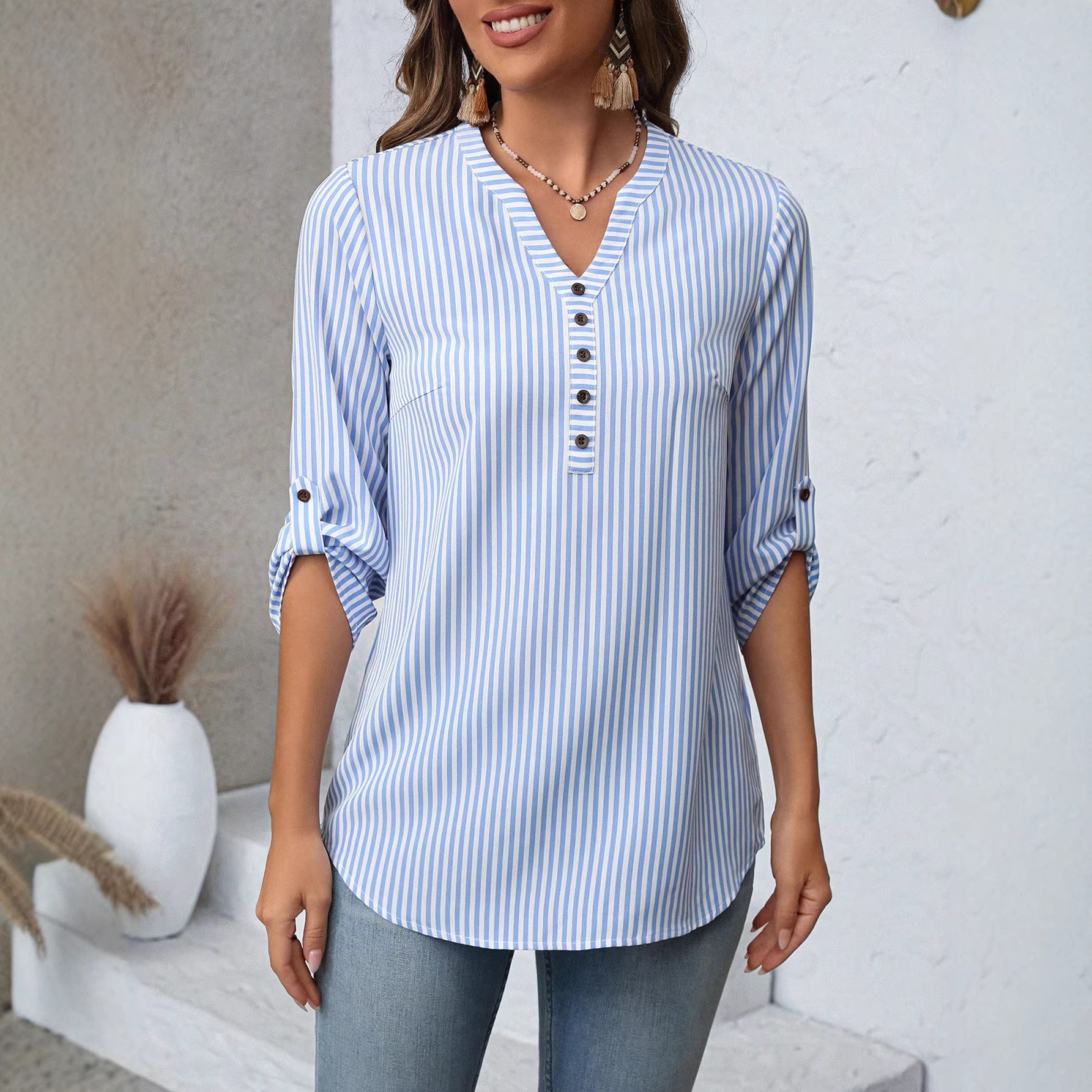 Women's Striped Color-Block Half-Open V-Neck Tie-Front Top with Three-Quarter Sleeves