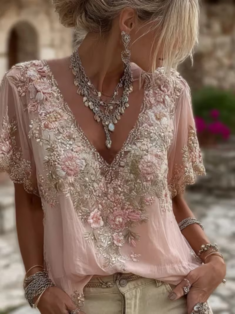 Floral Print V-Neck Short Sleeve Women's T-Shirt