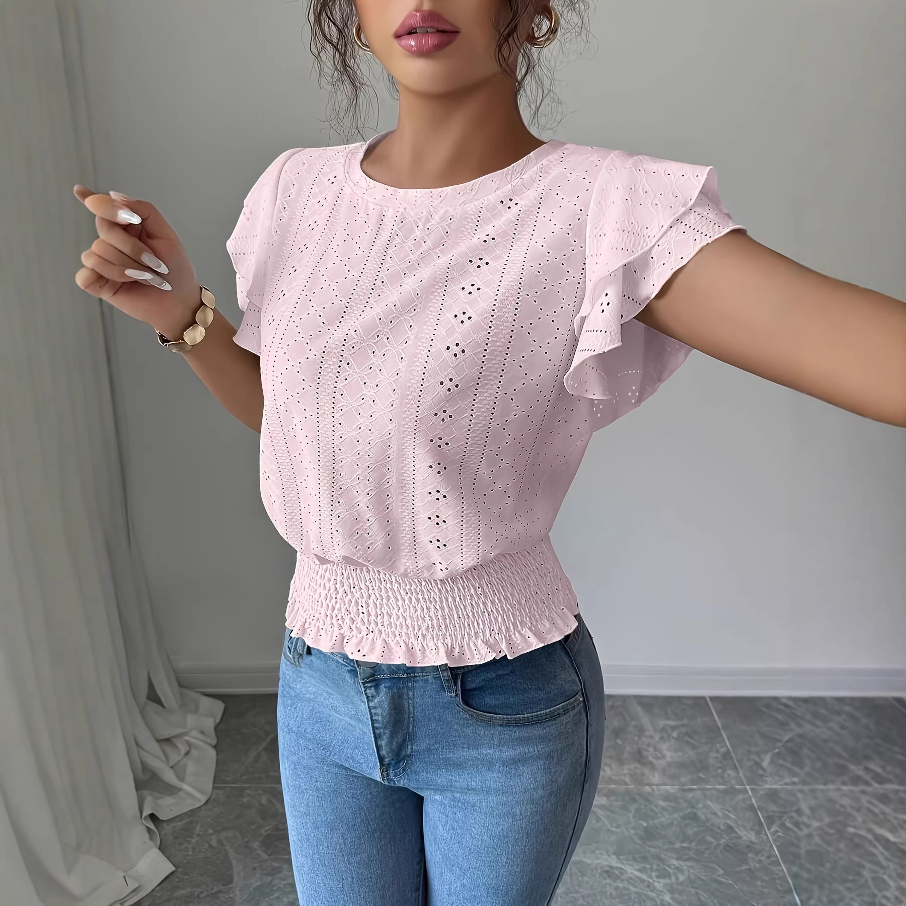 Women's Hollow-Out Ruffle-Sleeve Crewneck Short-Sleeve T-Shirt