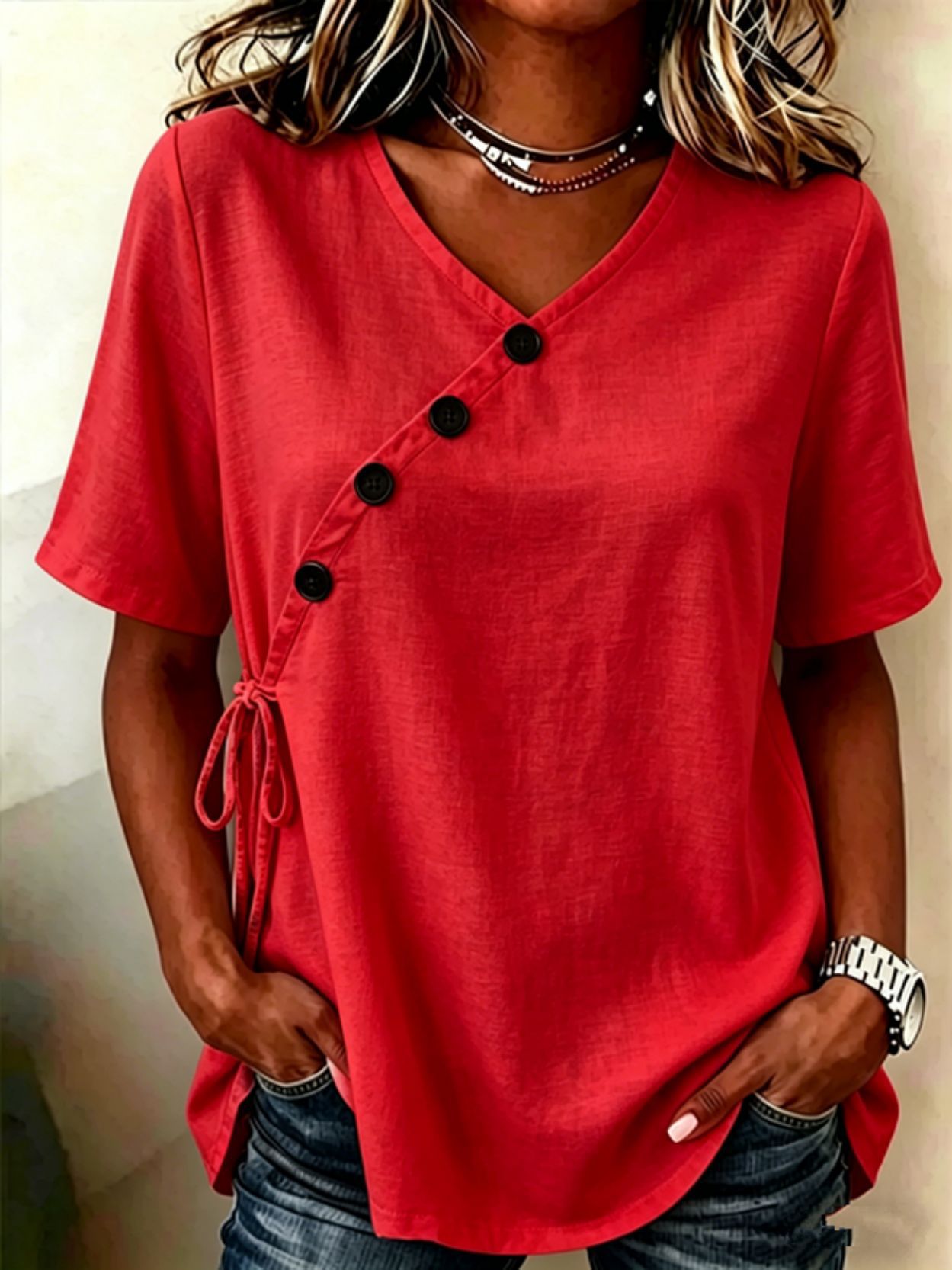 Women's Solid V-Neck Short Sleeve Cotton-Linen Tie Button Loose Casual T-Shirt