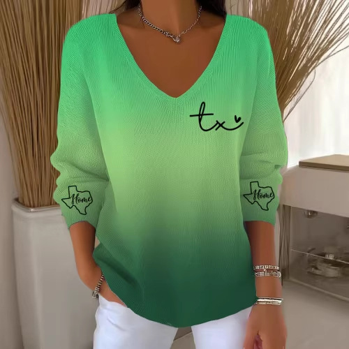 Women's Fruit Letter Valley Print V-Neck Long-Sleeve T-Shirt