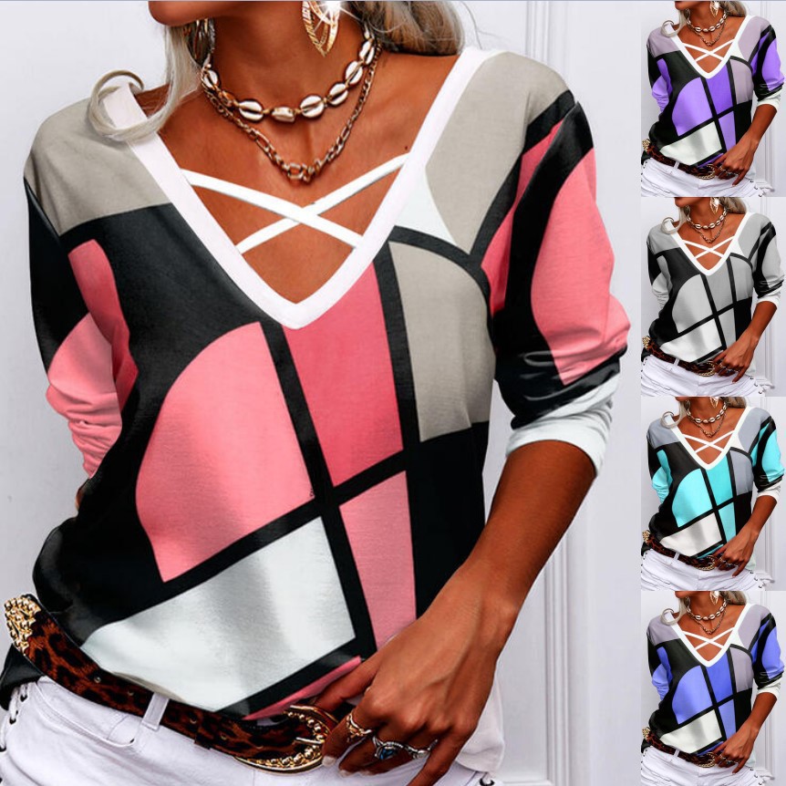Women's Loose V-Neck Geometric Print Long-Sleeve T-Shirt