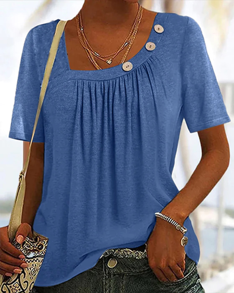 Women's Solid Color Button Round Neck Short Sleeve T-Shirt