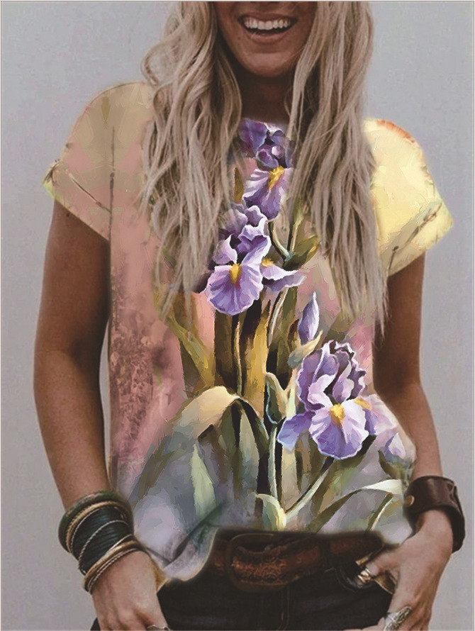 Women's V-Neck Floral Print Short Sleeve Loose Fit T-Shirt