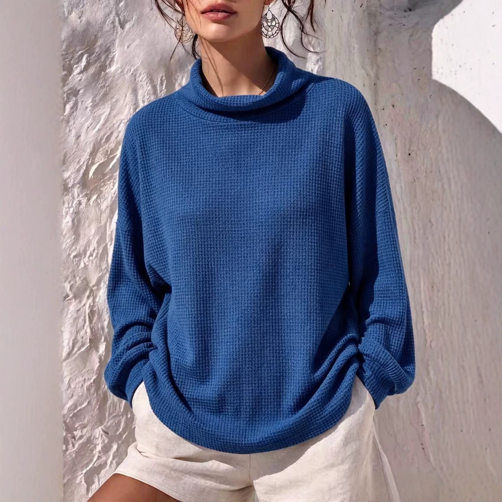 Waffle Knit Long Sleeve Scarf Neck Top Women's Loose Solid Color