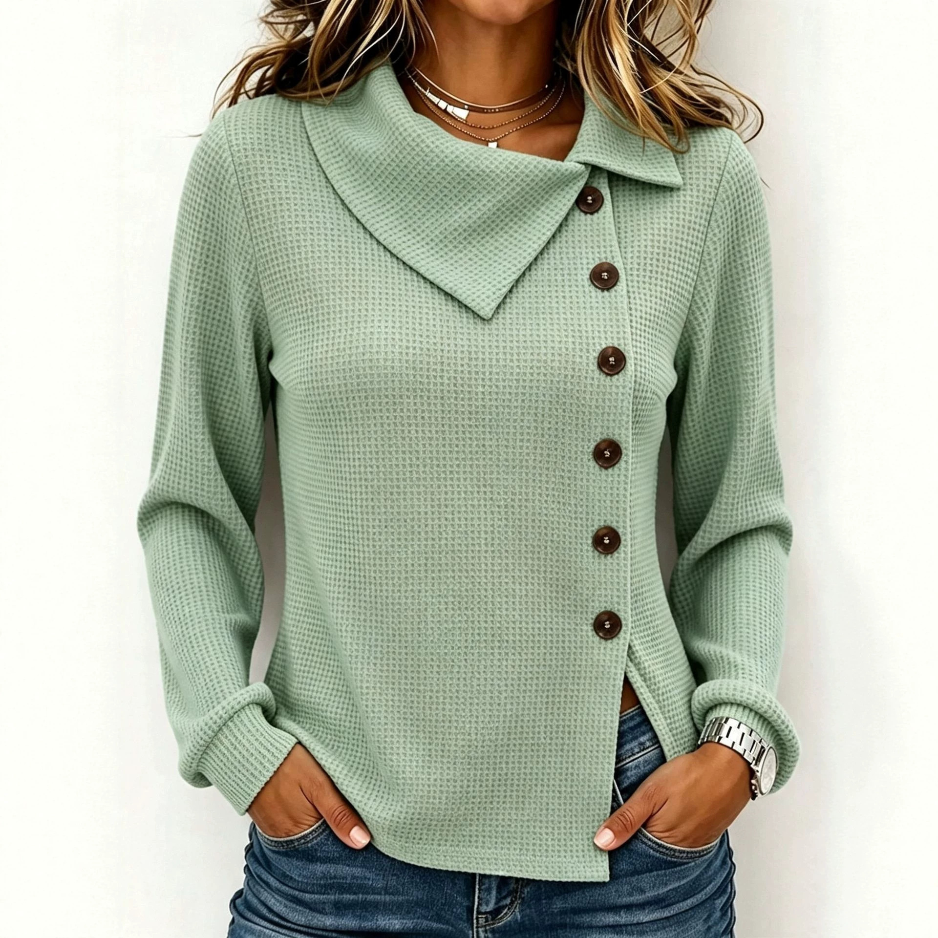 Women's Waffle Knit Button-Front Long-Sleeve Top with Asymmetric Collar