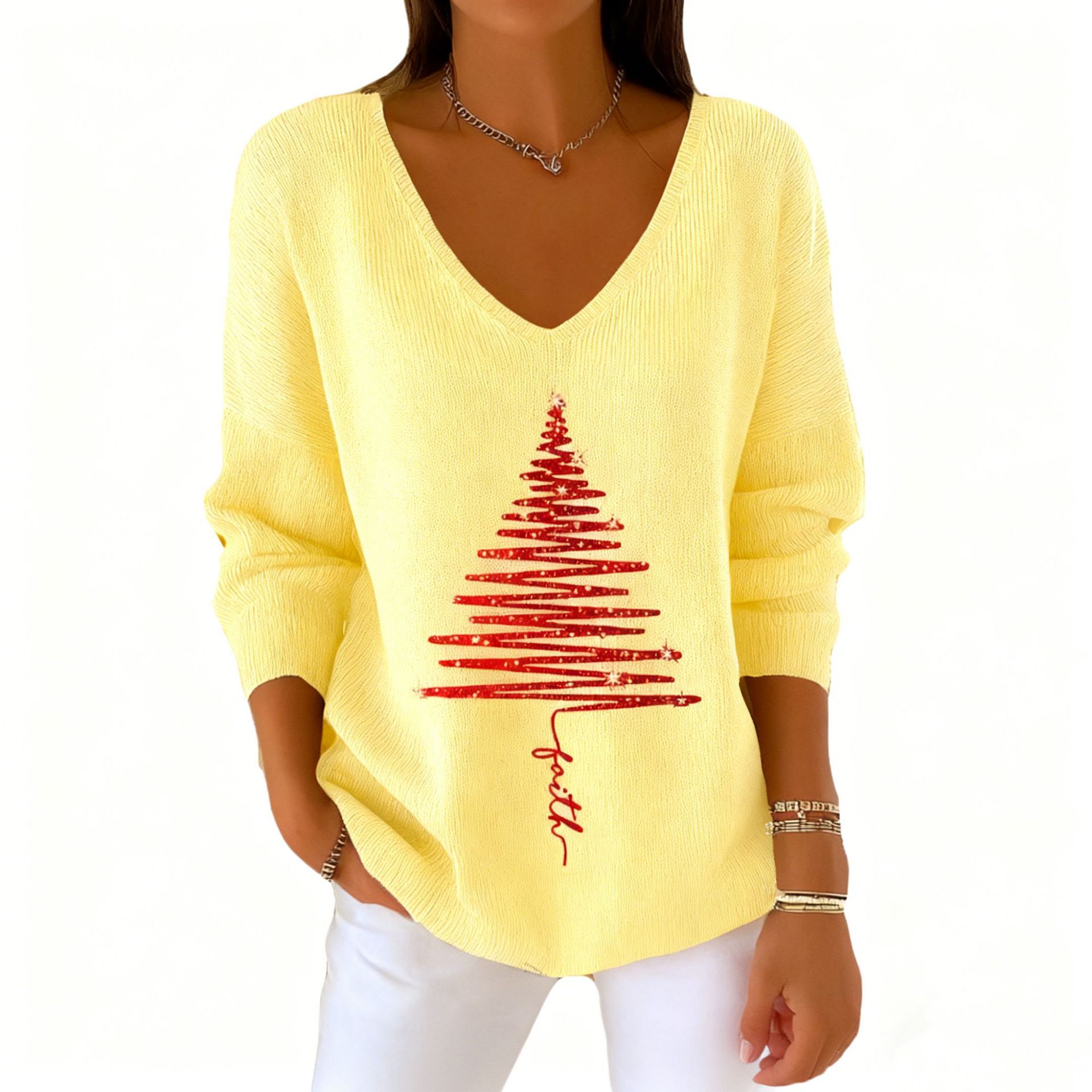 Women's V-Neck Long Sleeve Book & Christmas Tree Print T-Shirt