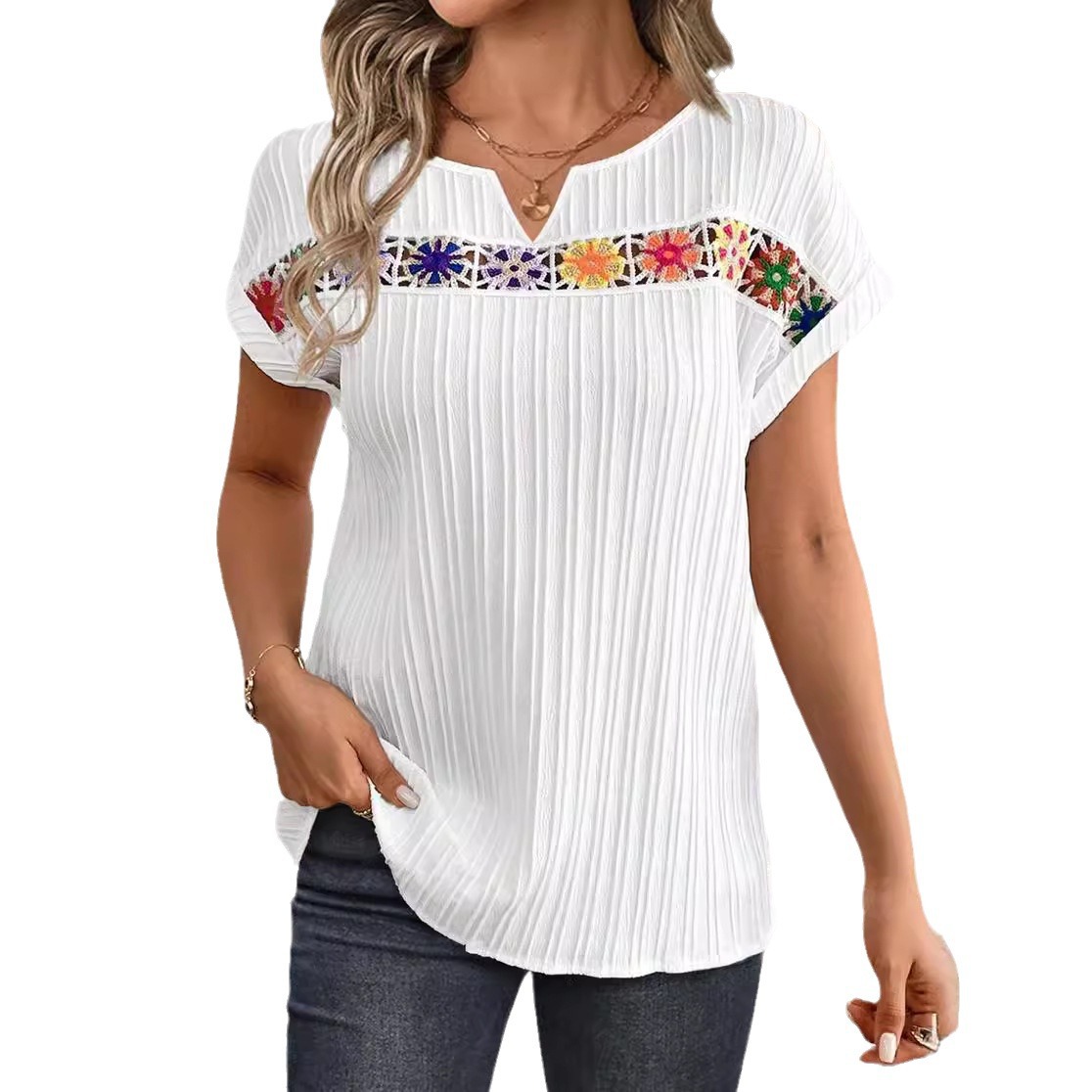 V-Neck Short Sleeve Floral Embroidered Panel Top