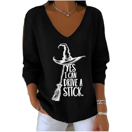 Halloween Witch Hat Broom Letter Print V-Neck Long-Sleeve T-Shirt