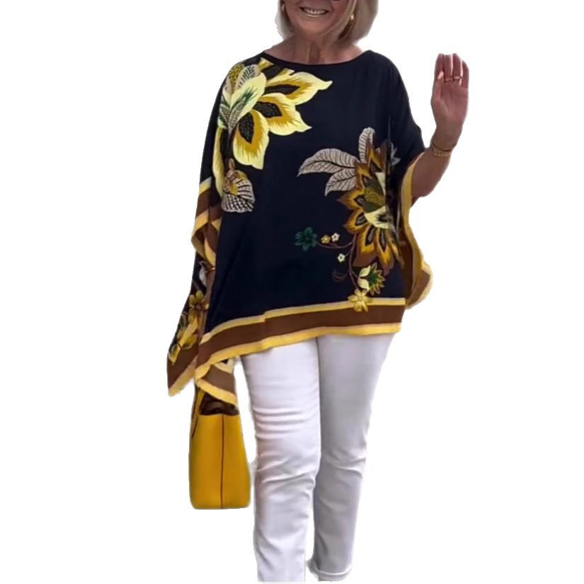 Women's Floral Print Short Sleeve V-Neck Midi Top Casual Loose Fit