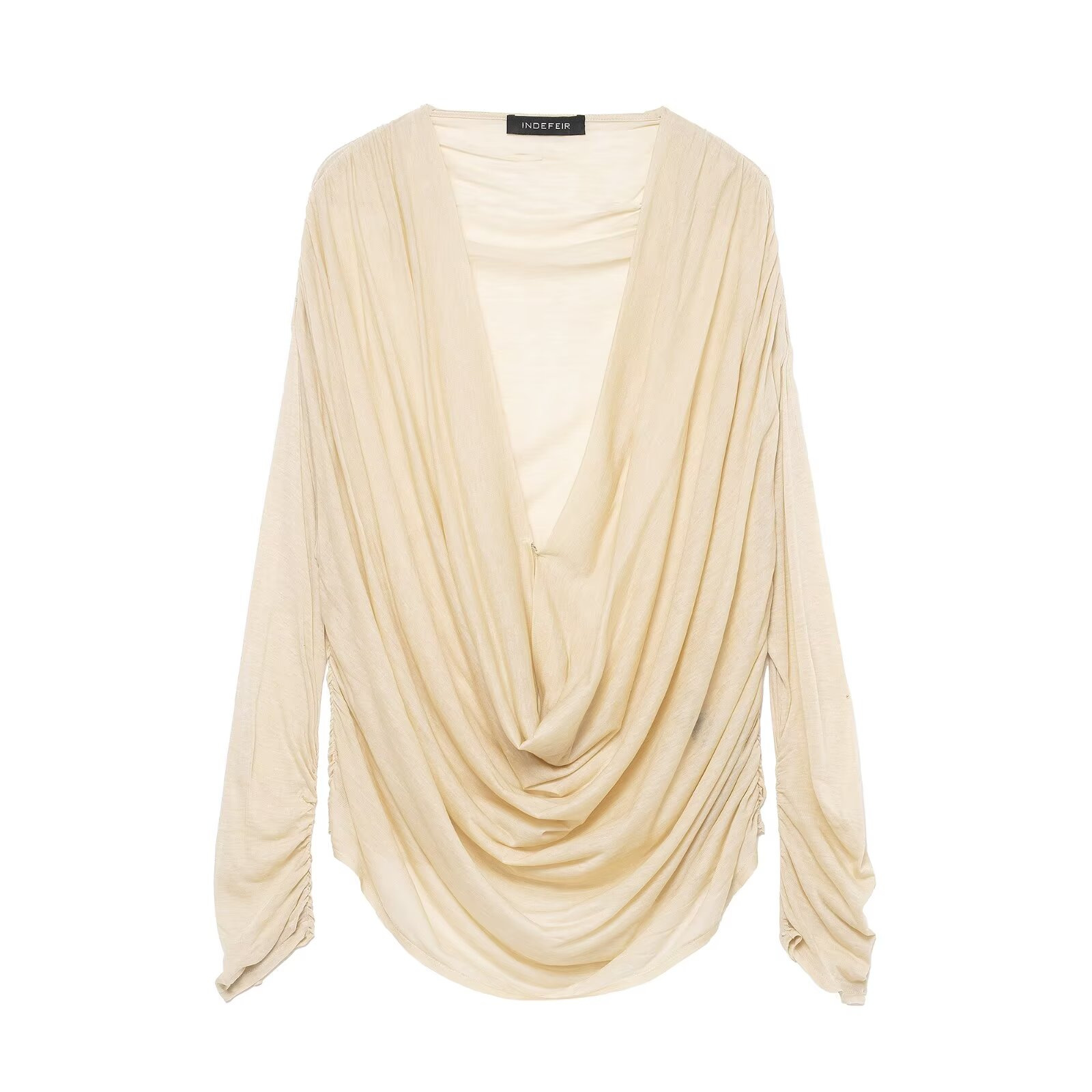 Women's Slim Fit Pleated V-Neck Long Sleeve Top