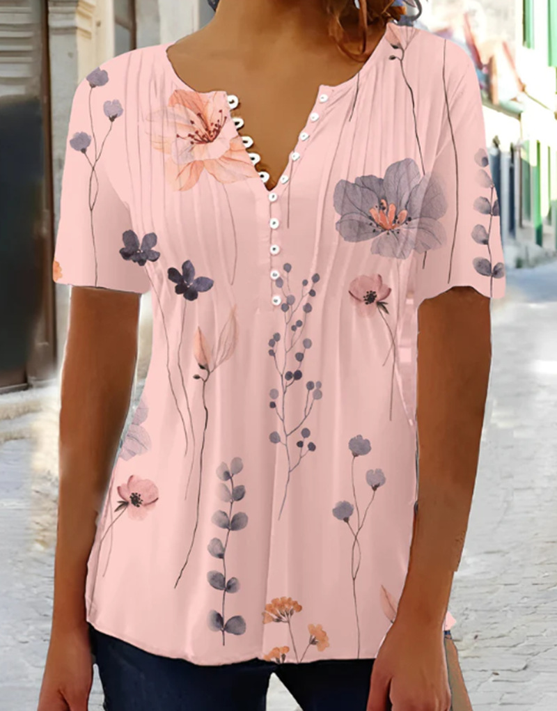 Women's Summer Printed Short Sleeve Pleated Button T-Shirt