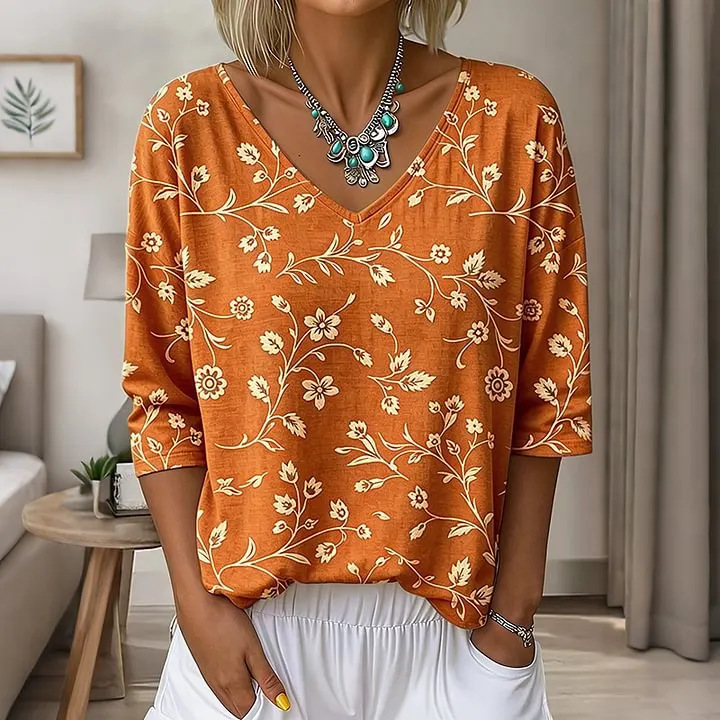 Floral Leaf Print V-Neck Half-Sleeve Women's T-Shirt