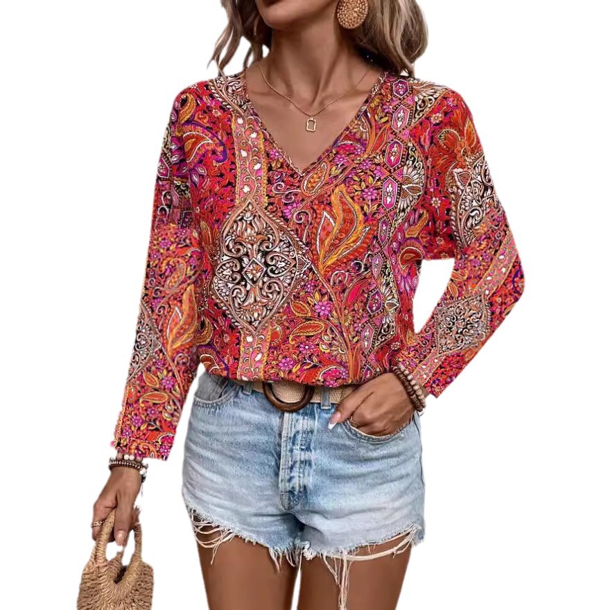 Paisley Print V-Neck Long Sleeve Blouse