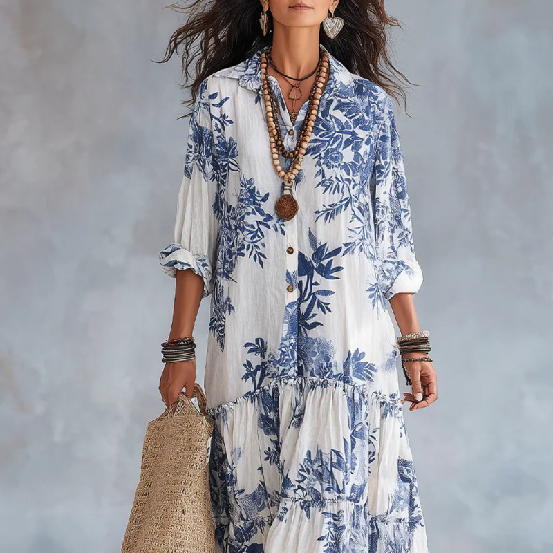 Women's Long Sleeve Collared Boho Floral Print Maxi Dress