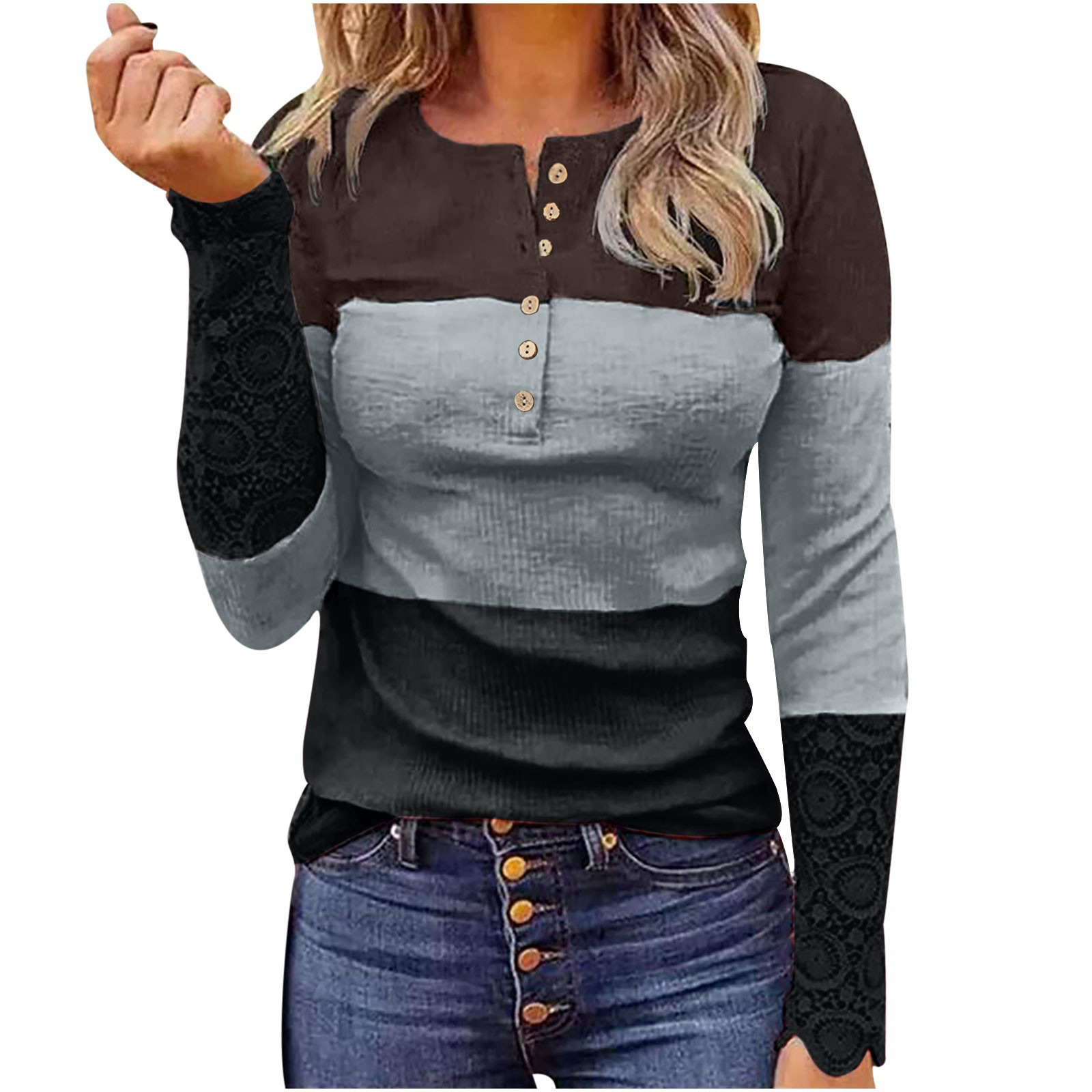 Lace Spliced Long Sleeve Ribbed Slim Fit Button Print Women's T-Shirt