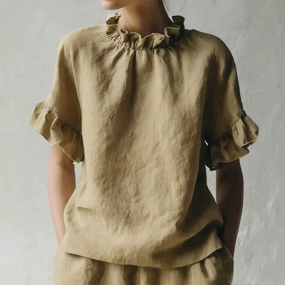 Women's Summer Solid Ruffle Short Sleeve Loose Casual Top