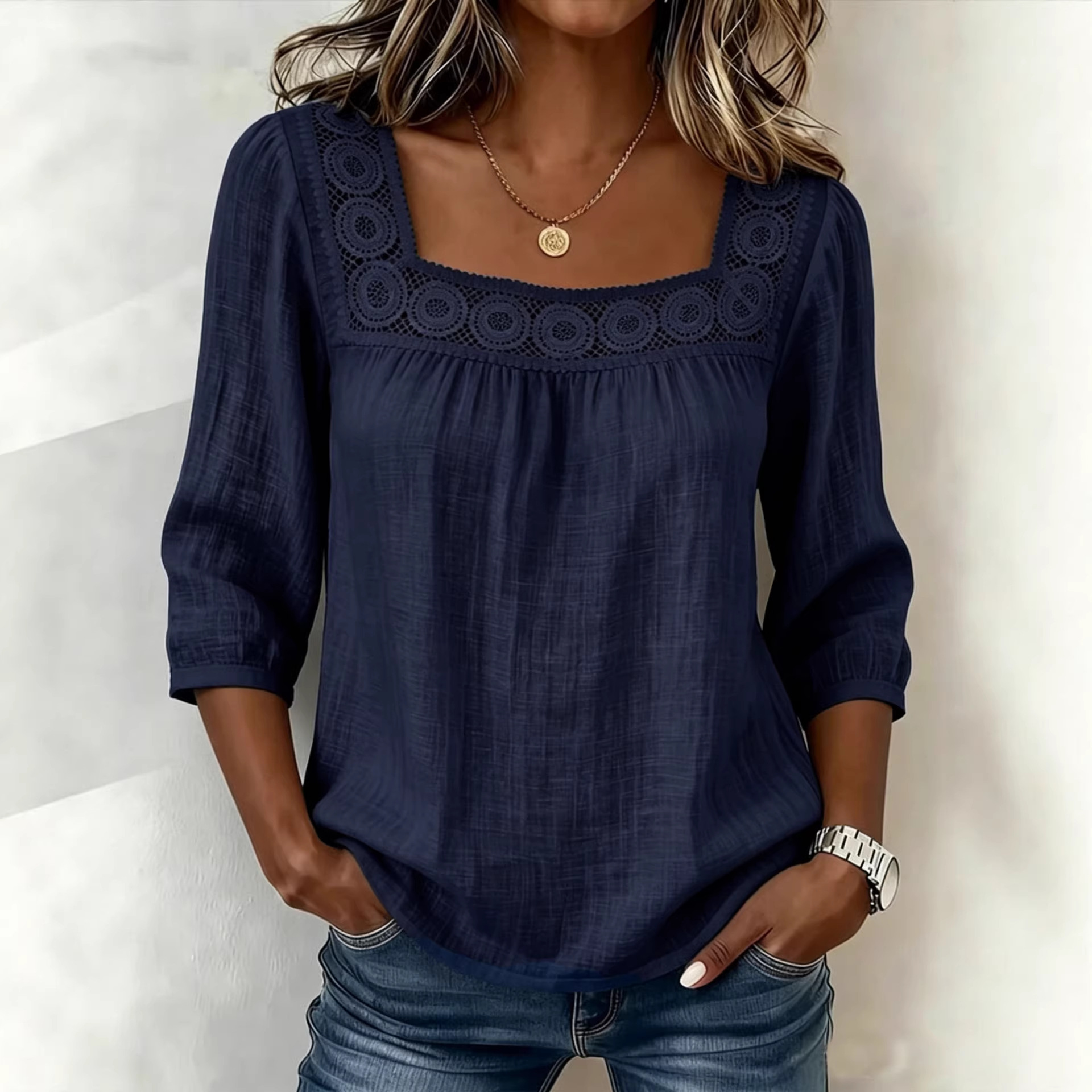 Women's Summer Square Neck Lace Trim 3/4 Sleeve Cotton Linen Top