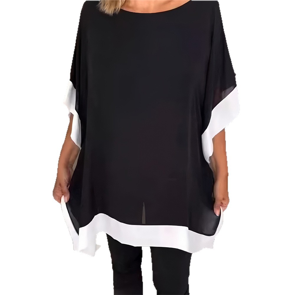 Women's Loose Crewneck Batwing Sleeve Colorblock Top Mercerized T-Shirt