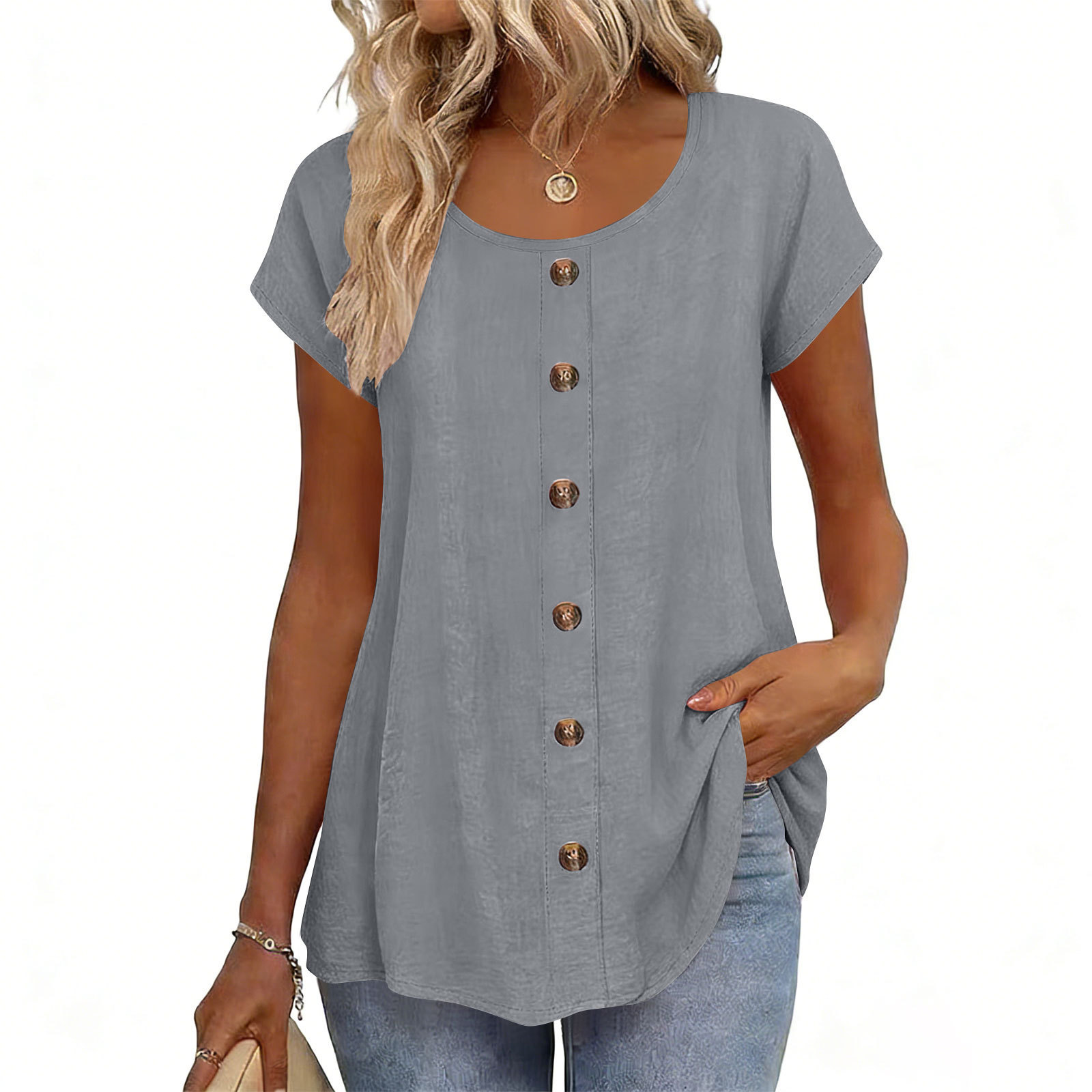 Elegant Button-Trim Solid Short-Sleeve Crewneck T-Shirt