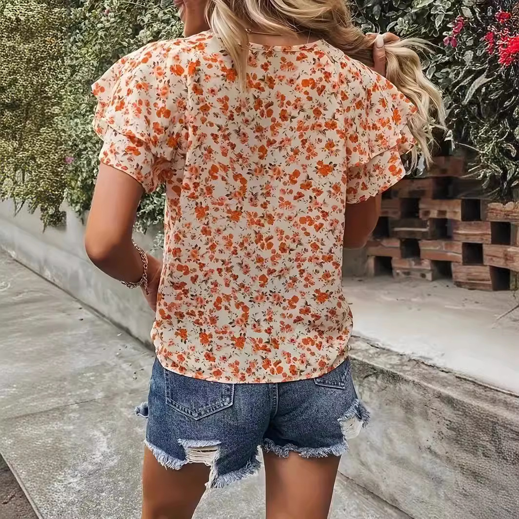 Women's Floral Print Ruffle Sleeve Casual T-Shirt